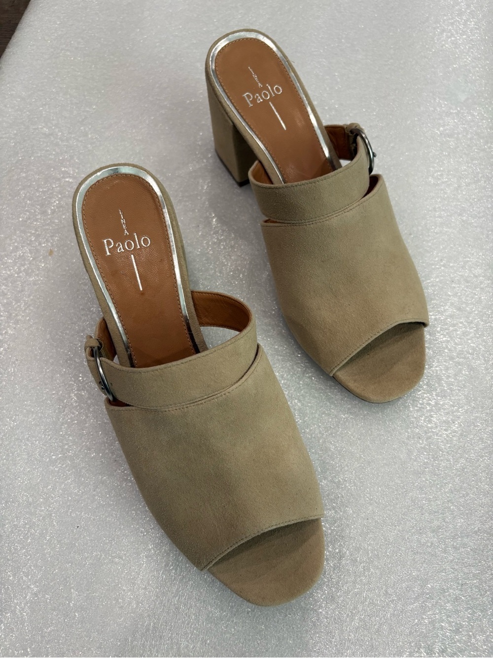 Linea Paolo Beige Block Heel Clog Sandals Suede NWOT